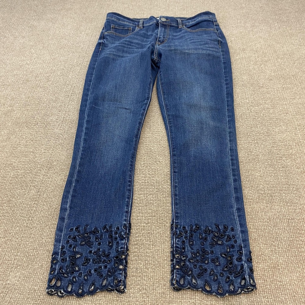 LOFT Skinny Crop Jeans Womens 28 Blue Med Wash Mid Rise Floral Hem Embroidered
